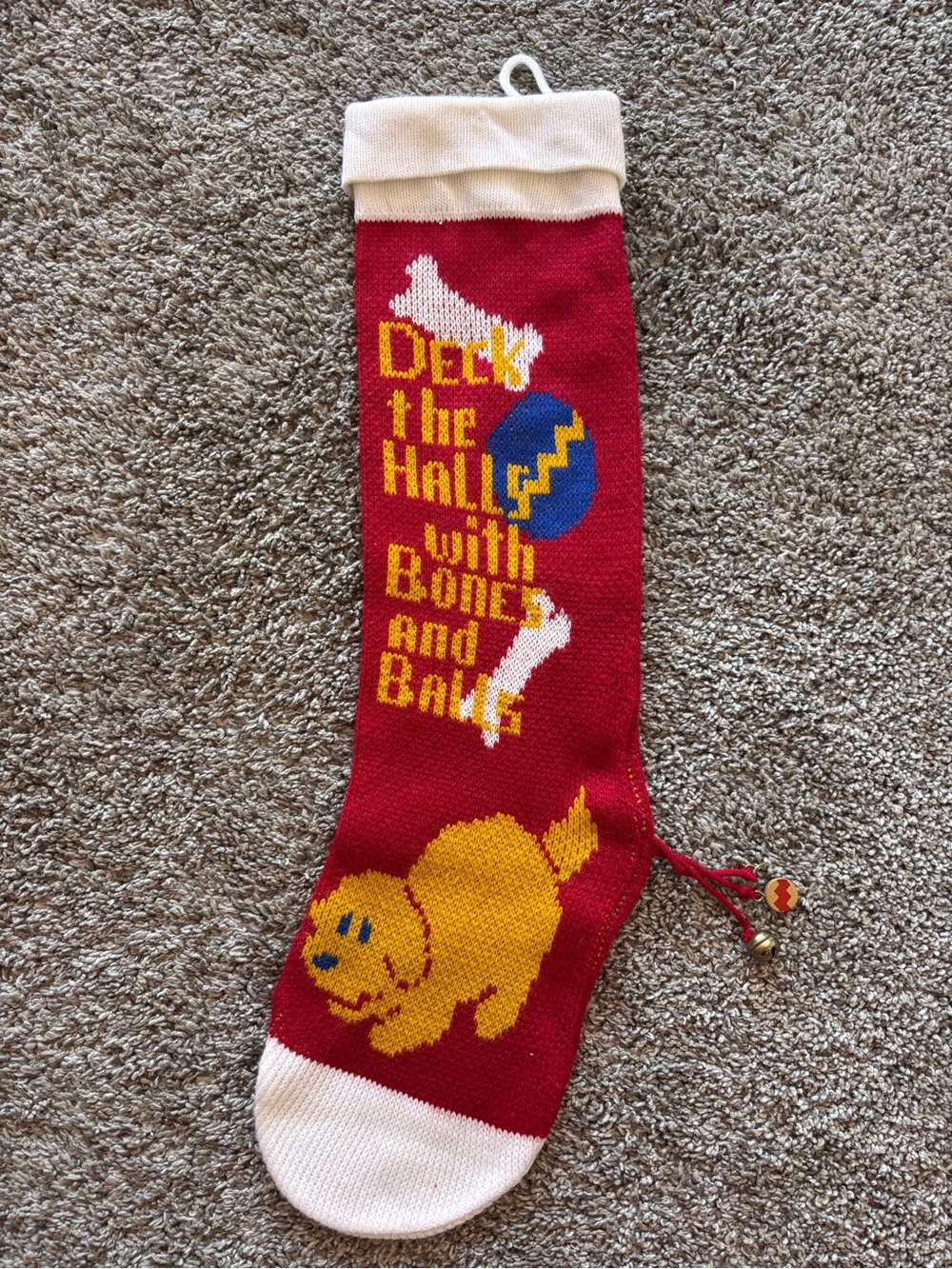 Vintage Knit Christmas Stocking For Puppy Dog Deck the Halls with Bones and Ball